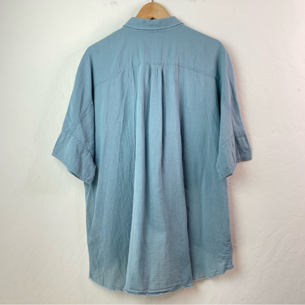 FREE PEOPLE Best of Me Blue Button Front Waterfall Top High-Low Raw Hem Blouse - Picture 4 of 16